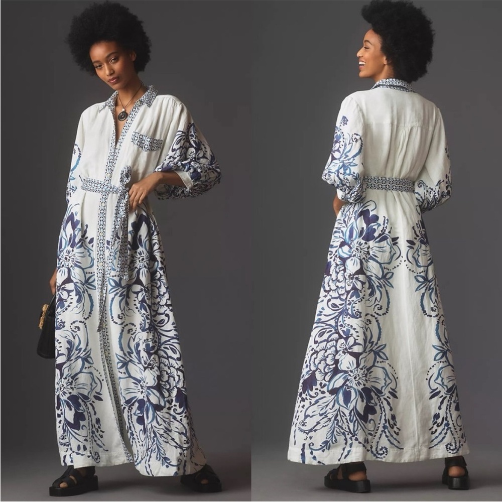 Anthropologie Blue and White Linen tie waist Maxi Dress